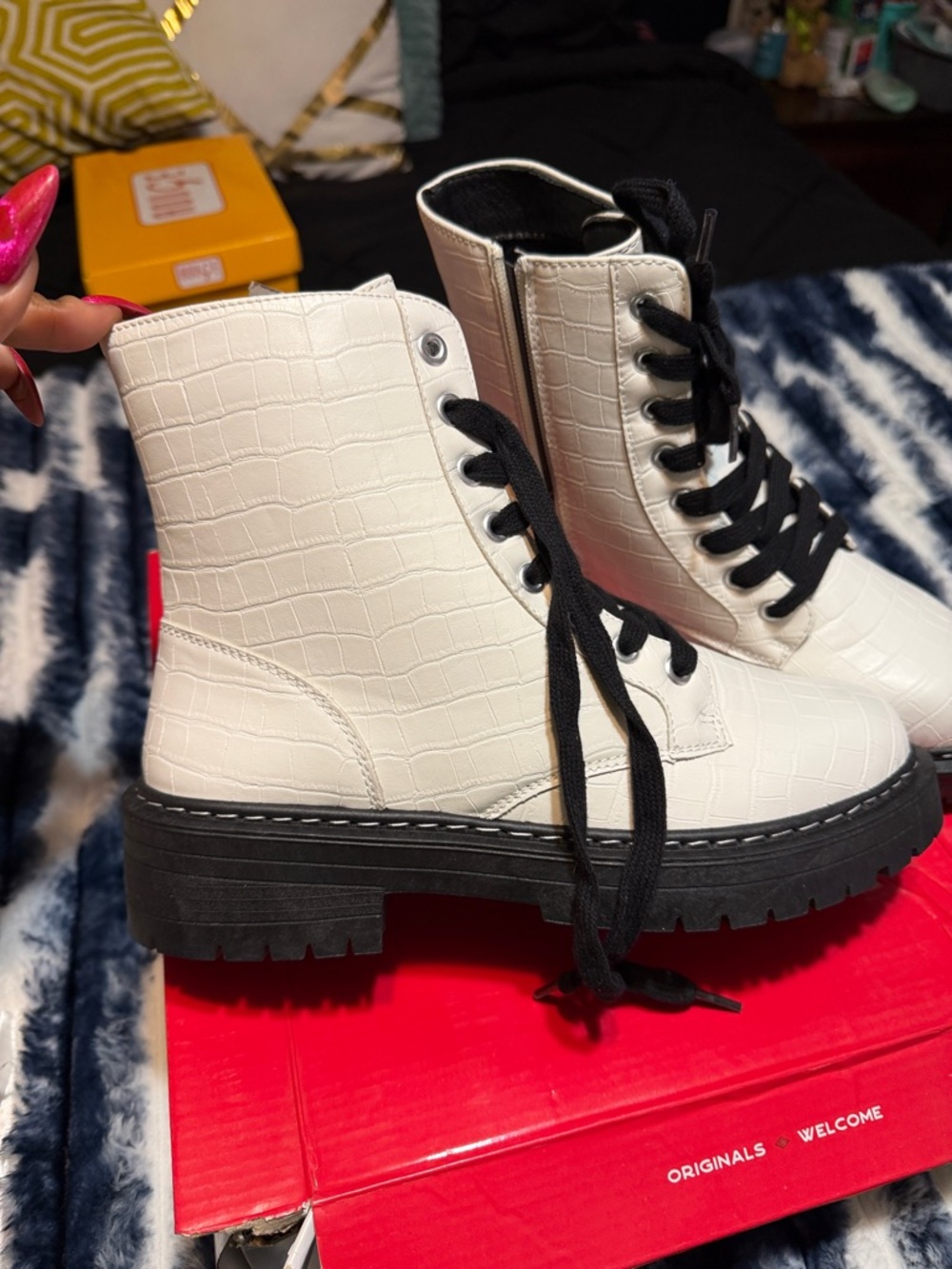 True Craft White Croc-Embossed Lace-Up Combat Boots with Black Laces